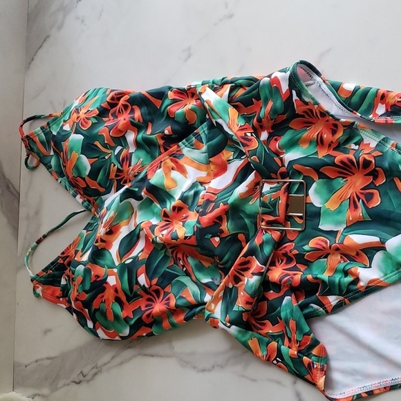 Grace Karin Halter One Piece Swimsuit Deep V Neck Green & Red Floral Pattern S - Picture 1 of 9